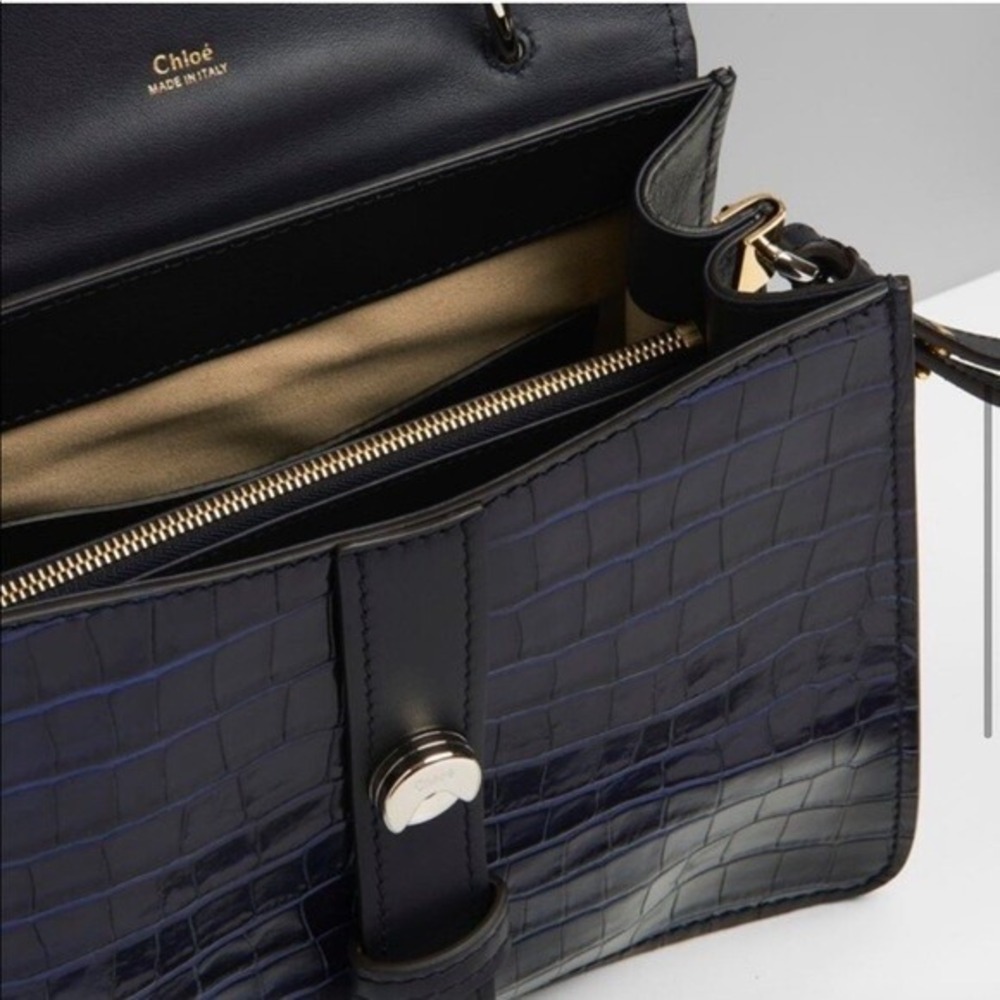 Chloe Aby Day Bag Navy Blue Croc Embossed Leather Top Handle Satchel Medium - Picture 4 of 8
